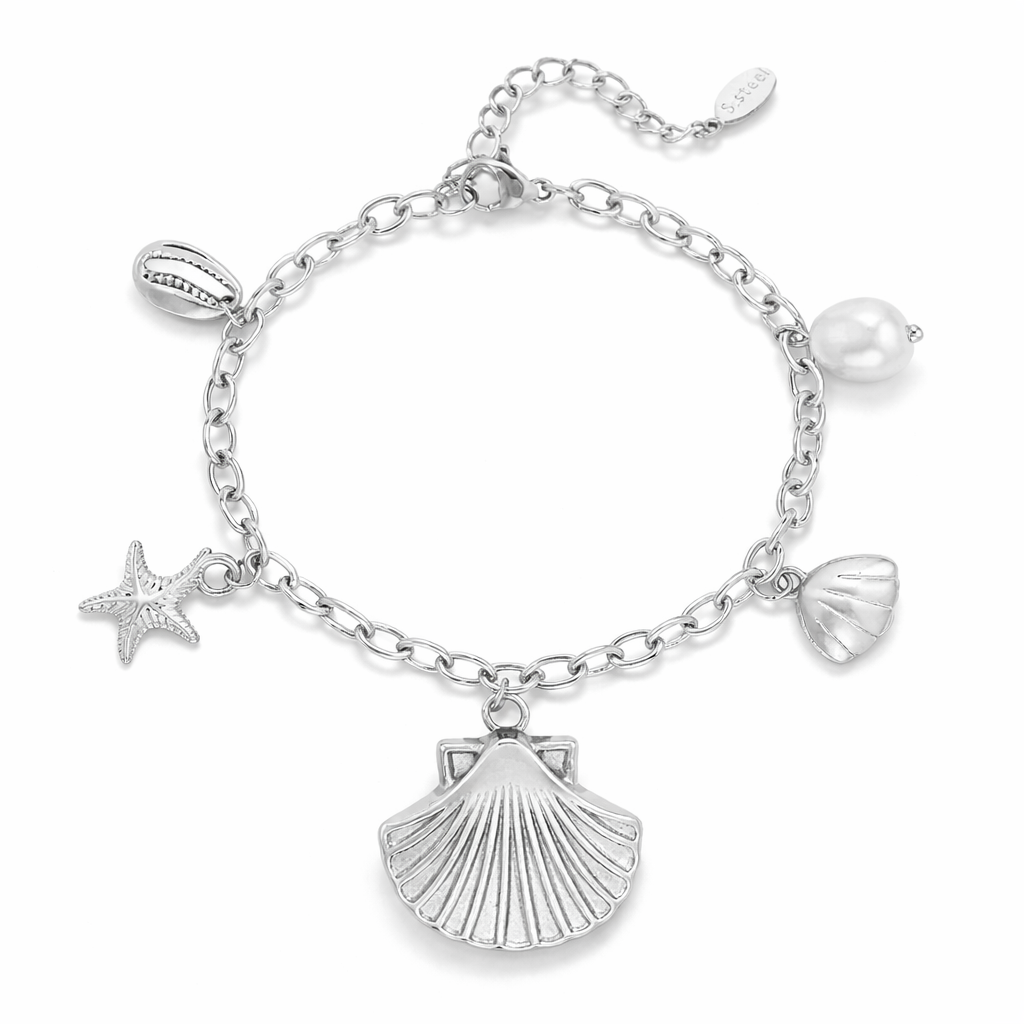 Armband Bettelarmband Muschel Seestern Süßwasserperle Silberfarben Nickelfrei Yehwang