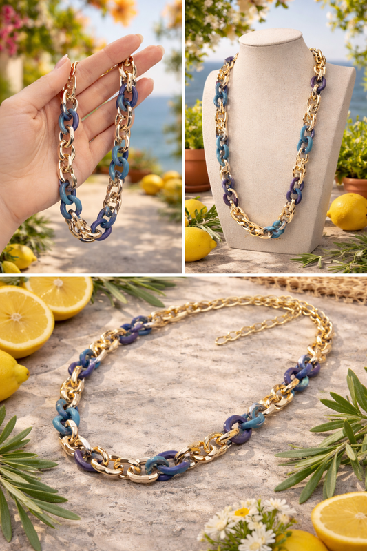 Halskette nickelfrei Gliederkette Goldfarben Glanz Blau grau Modeschmuck Biba