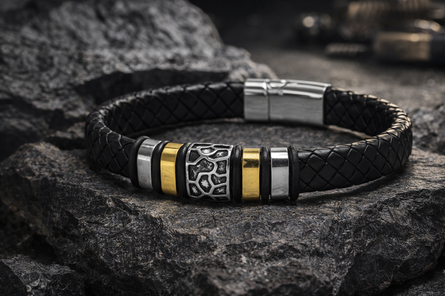 Armband Herrenarmband Schwarz geflochten Silber- und Goldfarben nickelfrei Yehwang