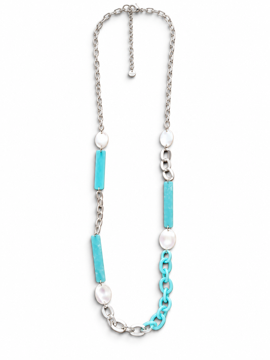 Halskette nickelfrei matt silberfarben hellblau langkette Modeschmuck Biba