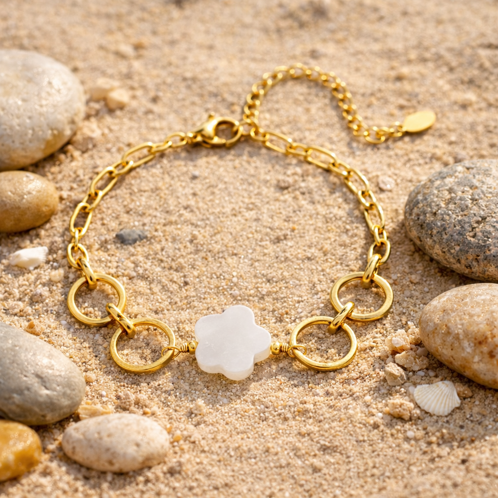 Armband Blume und Ringe goldfarben Muschel Elegant Luxus Urlaub Nickelfrei Yehwang