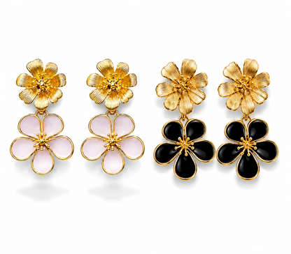 Ohrringe Ohrhänger Blumen Emaille schwarz Weiß goldfarben nickelfrei Yehwang