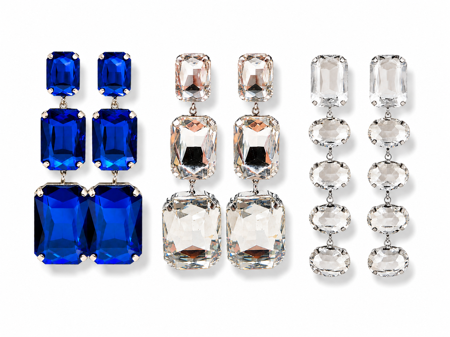 Ohrhänger Ohrringe 3 Glasperlen Reihe Blau Silberfarben Transparent Statement Yehwang