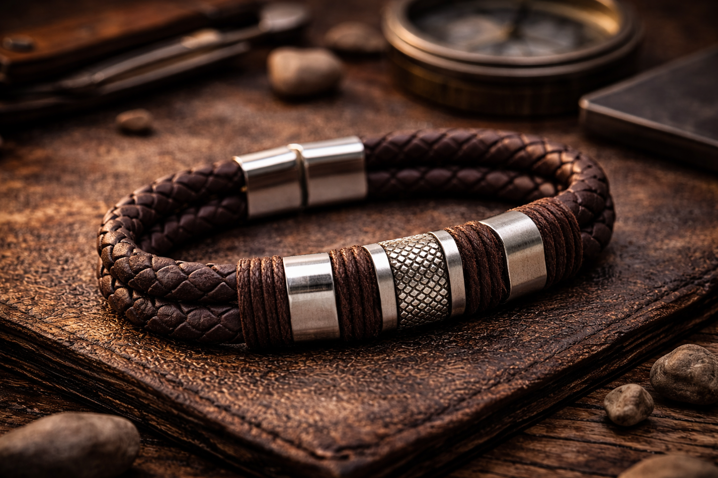 Armband Herrenarmband Braun geflochten silberfarben kunstleder nickelfrei Yehwang
