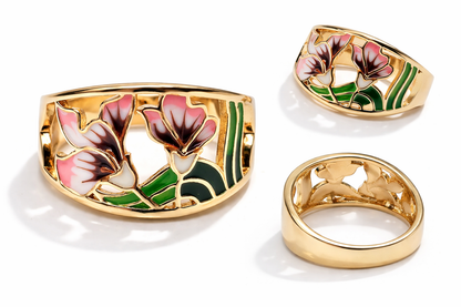 Ring Jungendstil Blumen Muster Goldfarben Rosa Grün Nickelfrei Große 8 9 10 Amorino