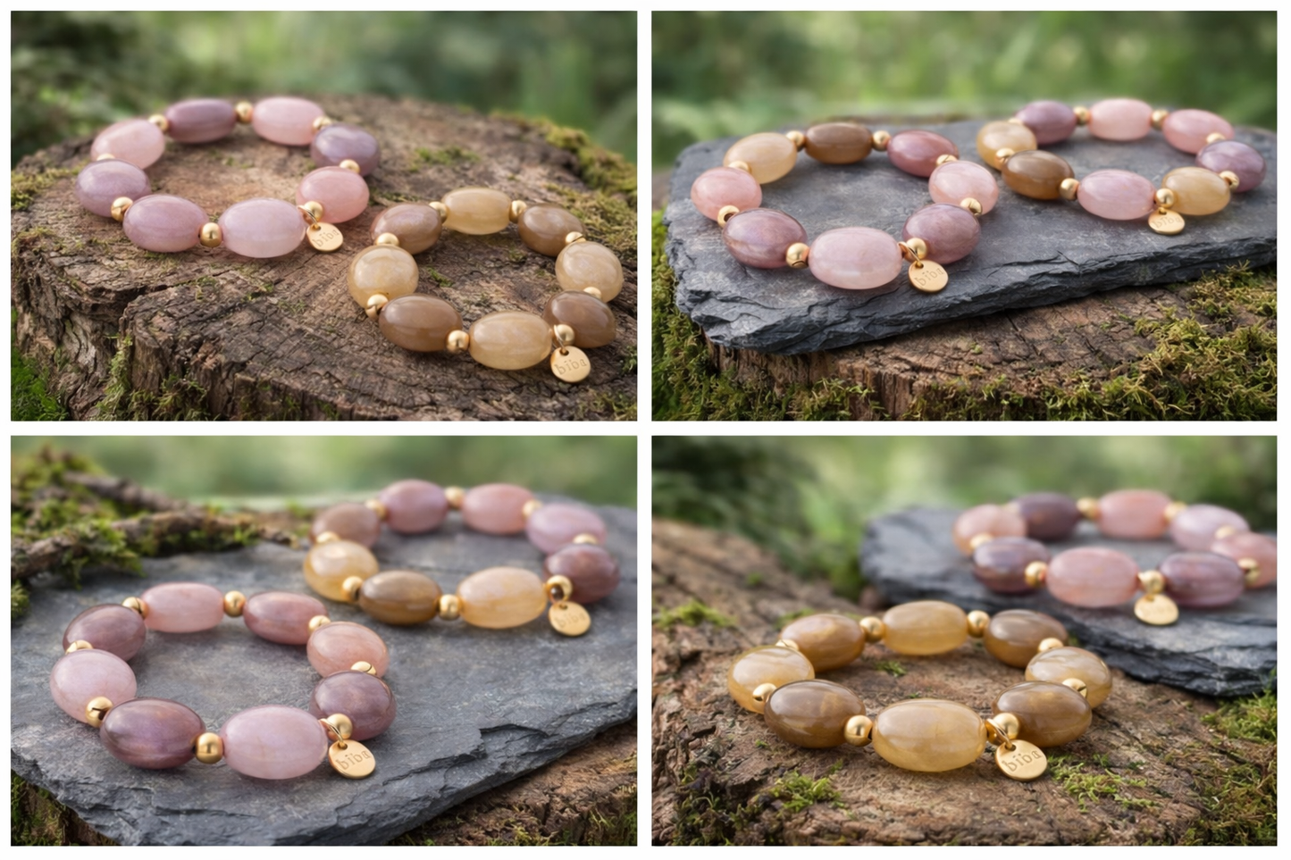 Armband elastisch Braun-Natur Lila-Töne Mat-Goldene Perlchen Nickelfrei Biba