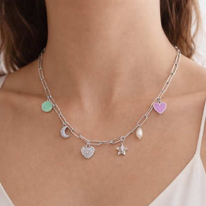 Halskette Halskette sechs Charms Silber Edelstahl Nickelfrei Mond Smiley Yehwang