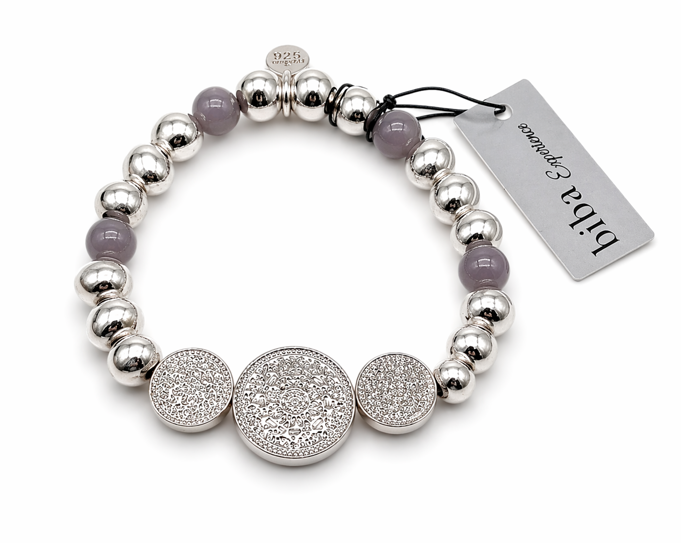 Biba Armband Silberfarben mit 3 ornamentale Kreise Rosa Mausgrau Biba