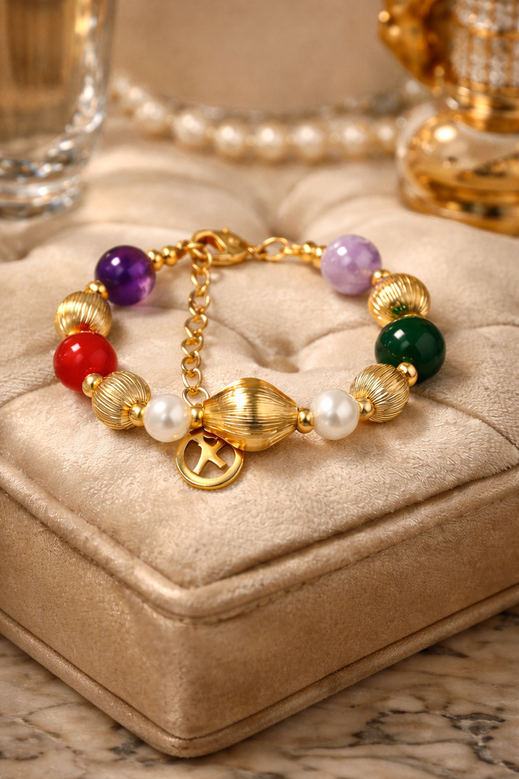 Armband Natursteine Goldfarbene Kralen Lila Orange Grün Nickelfrei Amorino