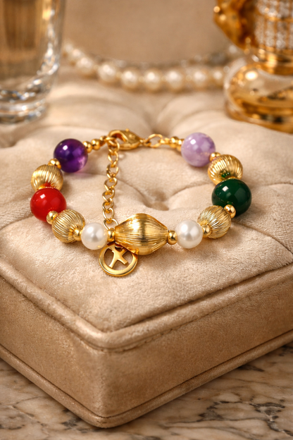 Armband Natursteine Goldfarbene Kralen Lila Orange Grün Nickelfrei Amorino