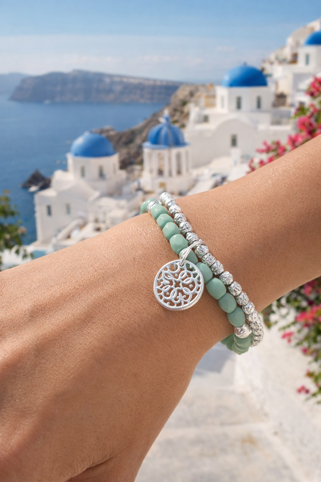Armband Doppelarmband Silberfarben und Mintgrün Mandala Sommer Biba