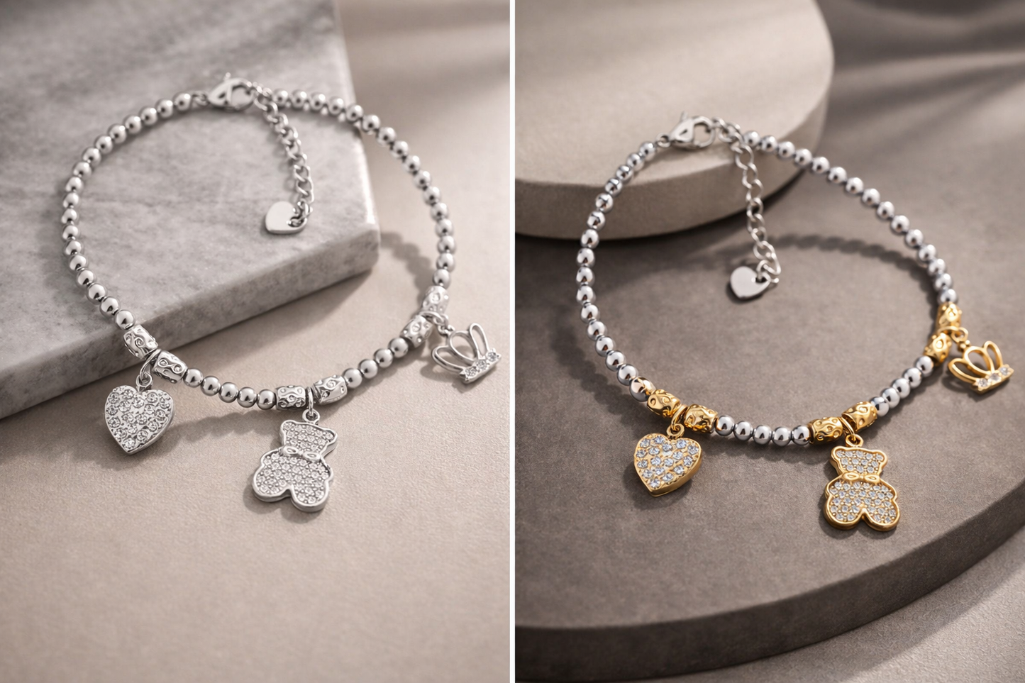 Armband Kugelarmband mit Charms Bärchen Krone Herz Nickelfrei Amorino