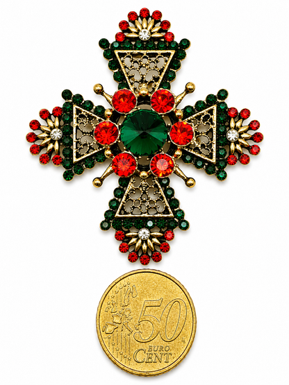 Brosche Ornament Abstrakt Straß Rot Grün Auszeichnung Beige  Quaste
