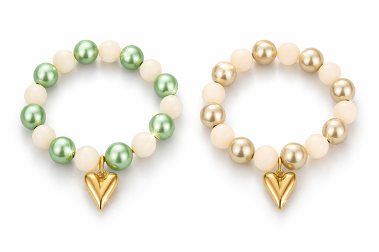 Armband Elastisch "Space Beads" Creme Gold Grün Armband  Herz Michelle Bijou