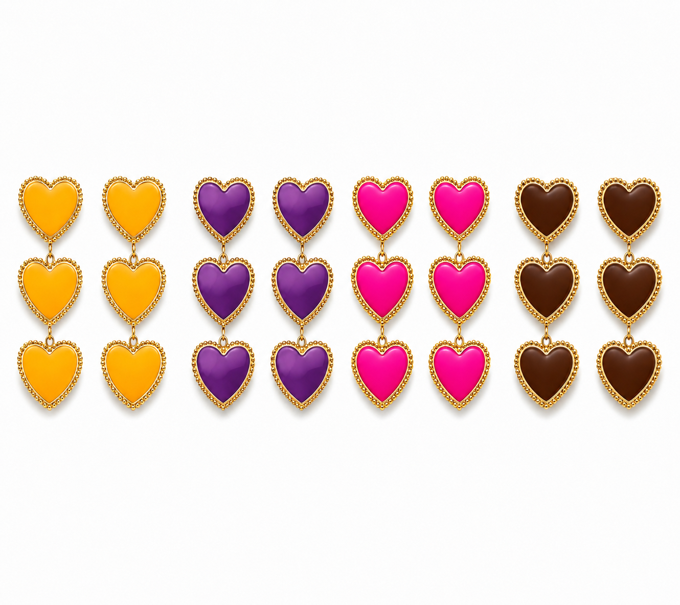 Ohrringe 3 anmutige Herzen in einer Reihe Orange Braun Lila Pink Edelstahl Yehwang