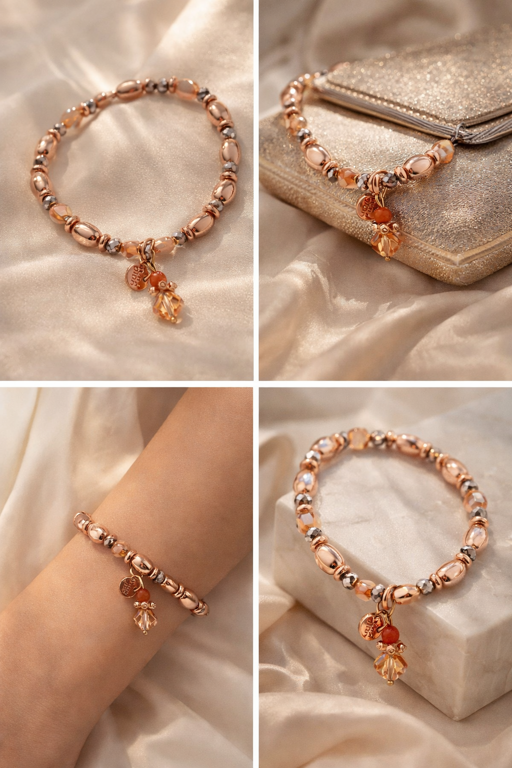Armband elastisch Kupfergold-Farben mit Beige Altrosa Anhänger Biba