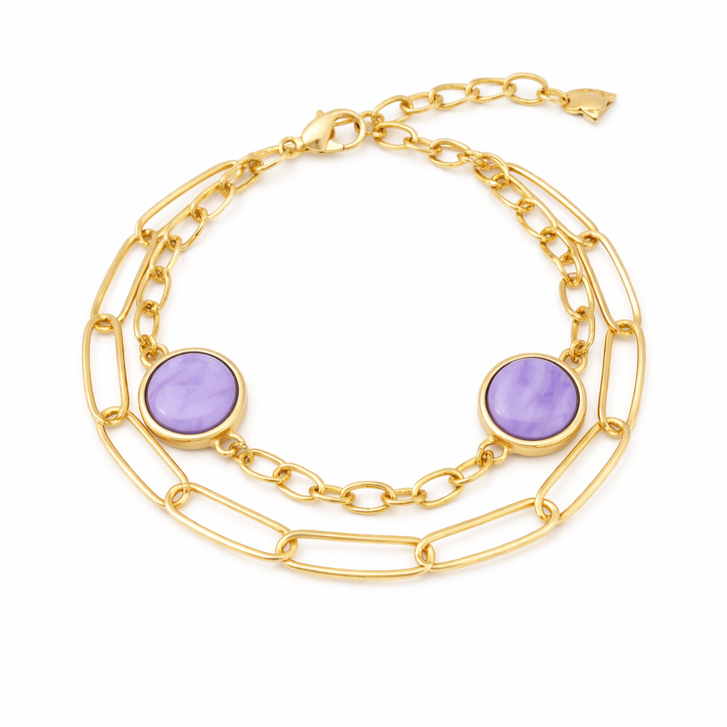 Armband Doppel Gliederarmband Gold Matt Lila, 18,5 cm Nickelfrei Sweet7