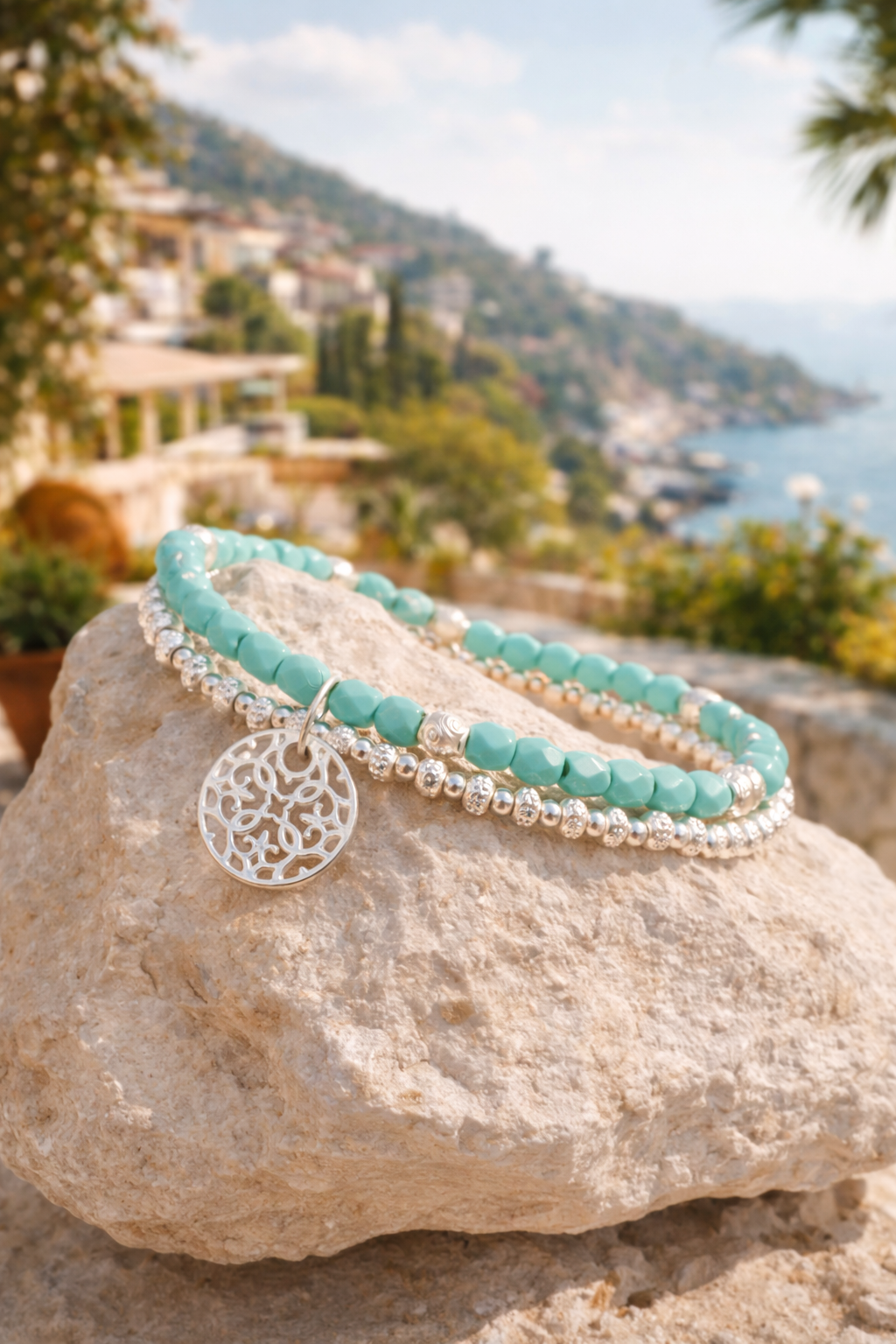 Armband Doppelarmband elastisch Hellblau mit Mandala Sommer Biba