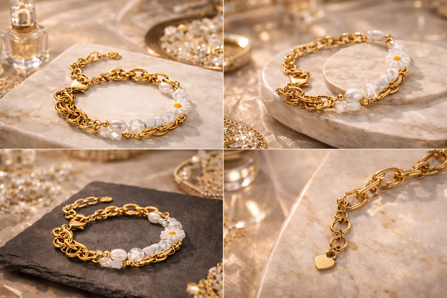 Armband Goldfarben mit Gänseblümchen und Süßwasserperlen Elegant Biba