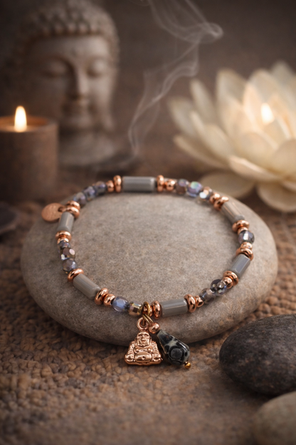 Armband elastisch Hellgraue Elementen  Goldfarben Anhänger Buddha Biba