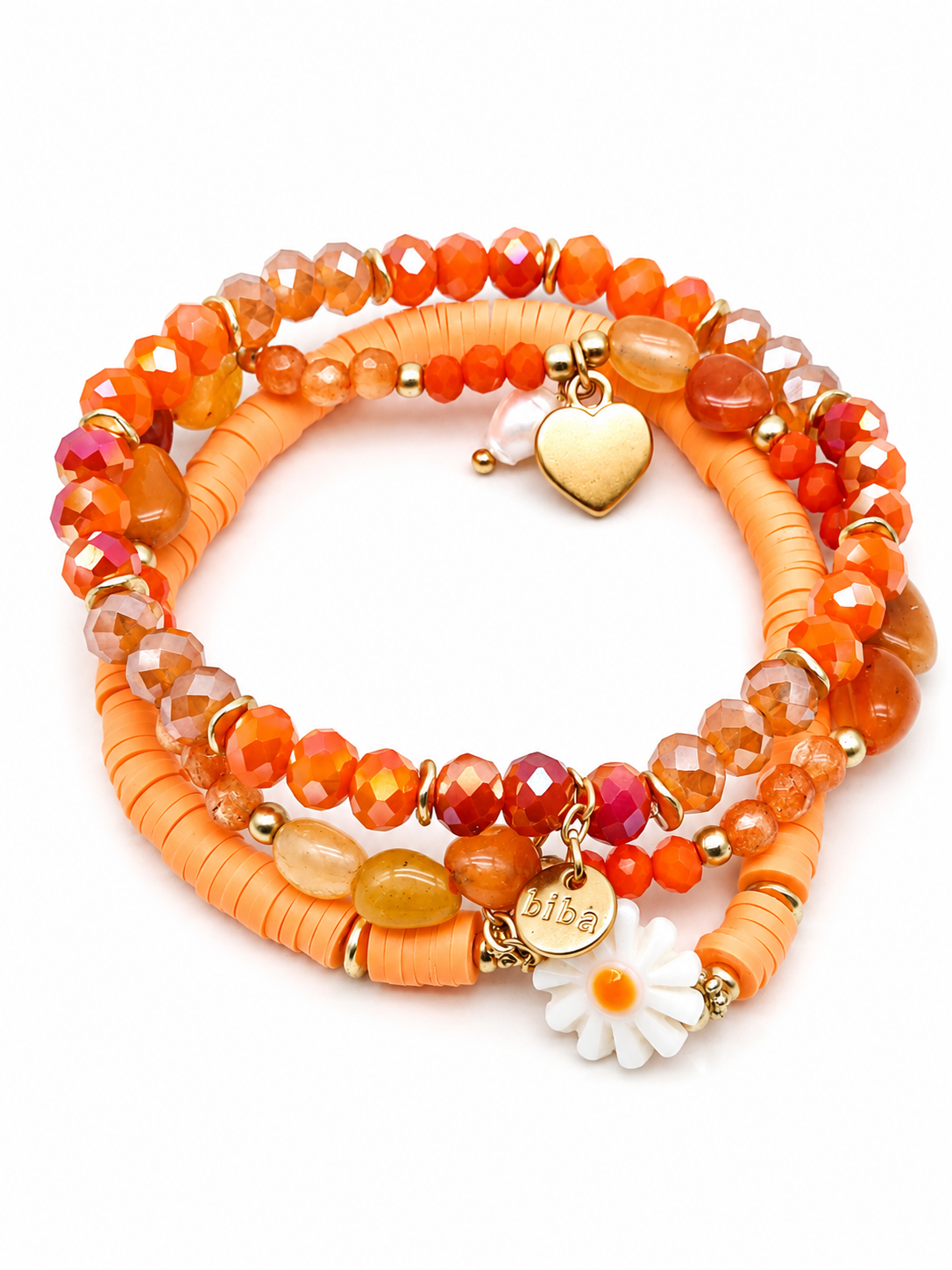 Armband Dreifache Kette Orange töne Kristall mit Gänseblümchen Biba