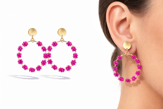 Ohrhänger Kreis Pink Blumen Nickelfrei Kreolen Ohrringe Groß Yehwang