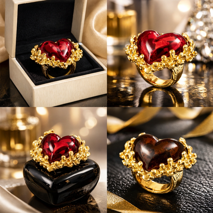 Ring elastisch Goldfarben Herz Harz Braun Rot Nickelfrei Amorino