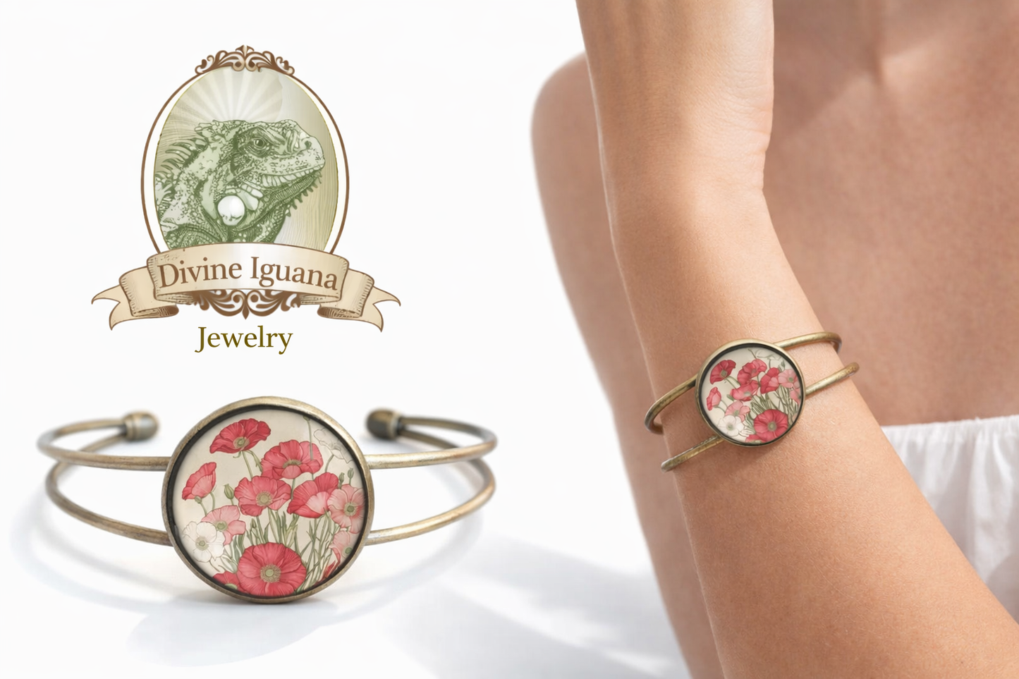 Armband Cabochon-Manschettenarmband Glas mit rosafarbenen roten Mohnblumen