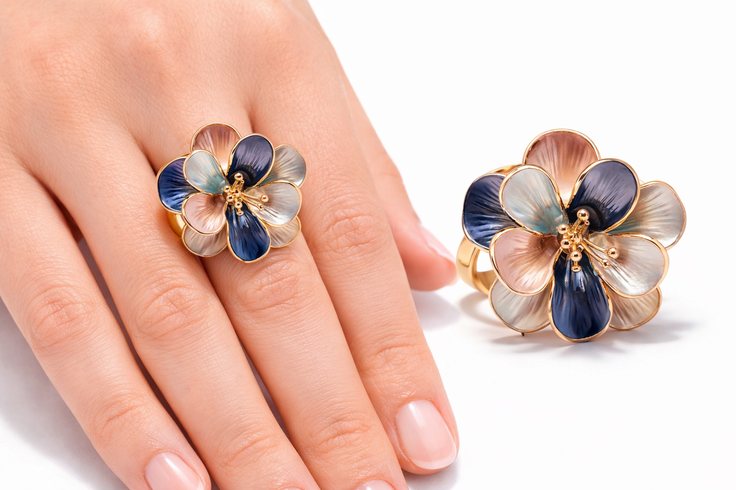 Ring Elastischer Ring Emailliertem Volant Blume Farben One-Size Amorino