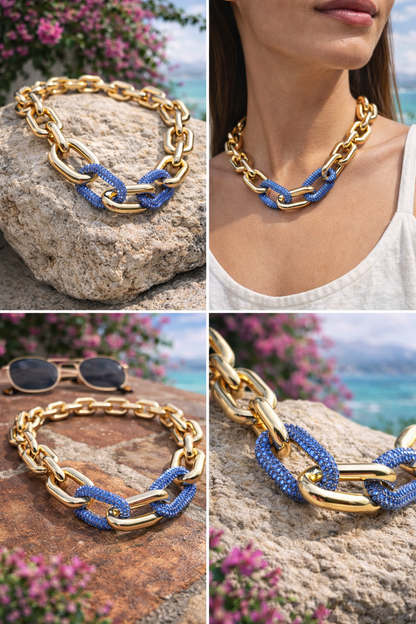 Halskette nickelfrei Gliederkette Goldfarben Glans Strass Lila Lavendel Modeschmuck Biba