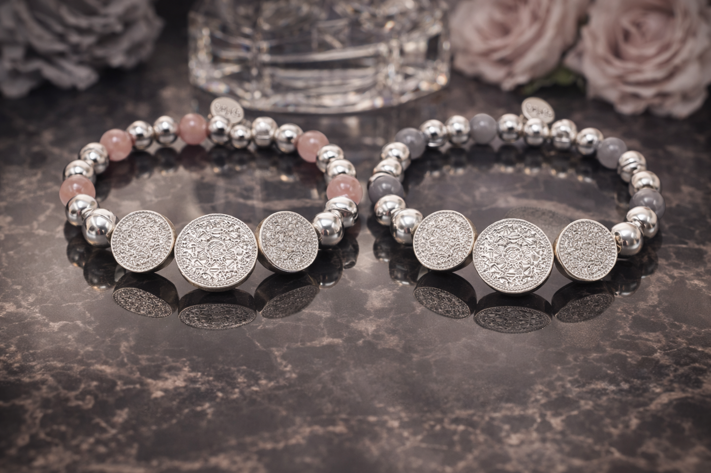Biba Armband Silberfarben mit 3 ornamentale Kreise Rosa Mausgrau Biba