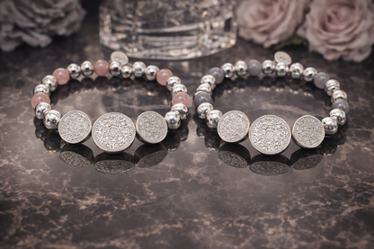 Biba Armband Silberfarben mit 3 ornamentale Kreise Rosa Mausgrau Biba