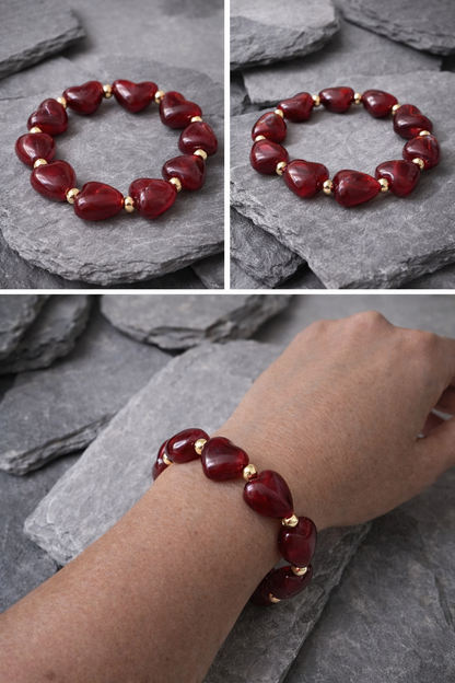Armband elastisch Goldfarben Burgund Bordeaux Herzchen nickelfrei Trend WAUW