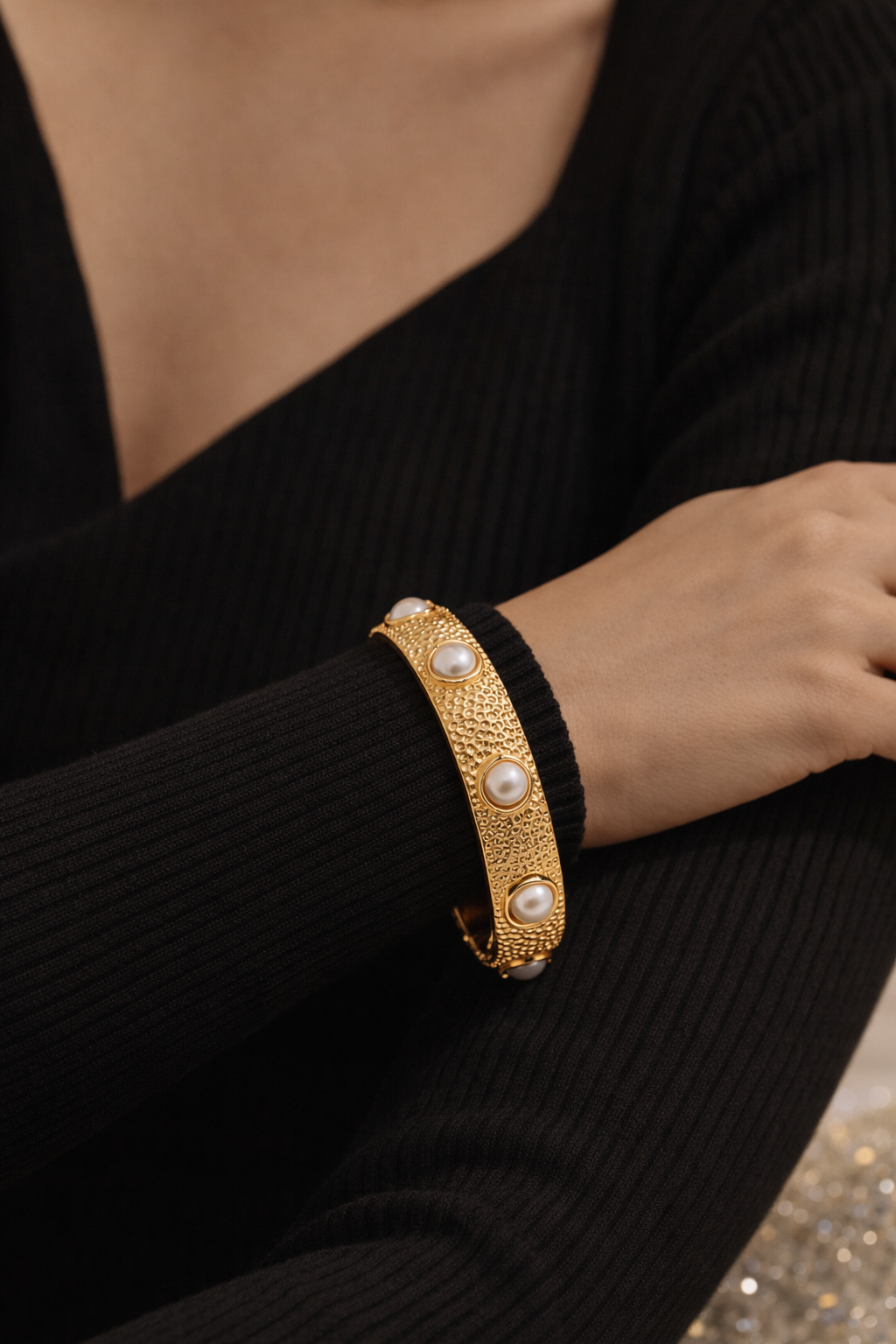 Klapp-Armband Goldfarben Kunstperlen Nickelfrei stilvoll elegant Luxus Yehwang