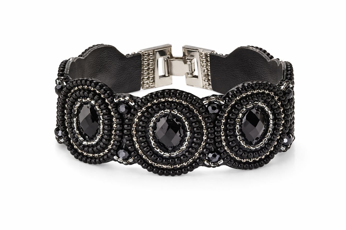 Armband Kunstleder Schwarz mit irisierende Perlchen Nickelfrei Biba