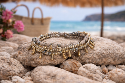 Armband 3-fach Armband Tropfenarmband Goldfarben-Grau Trend Ibiza Biba