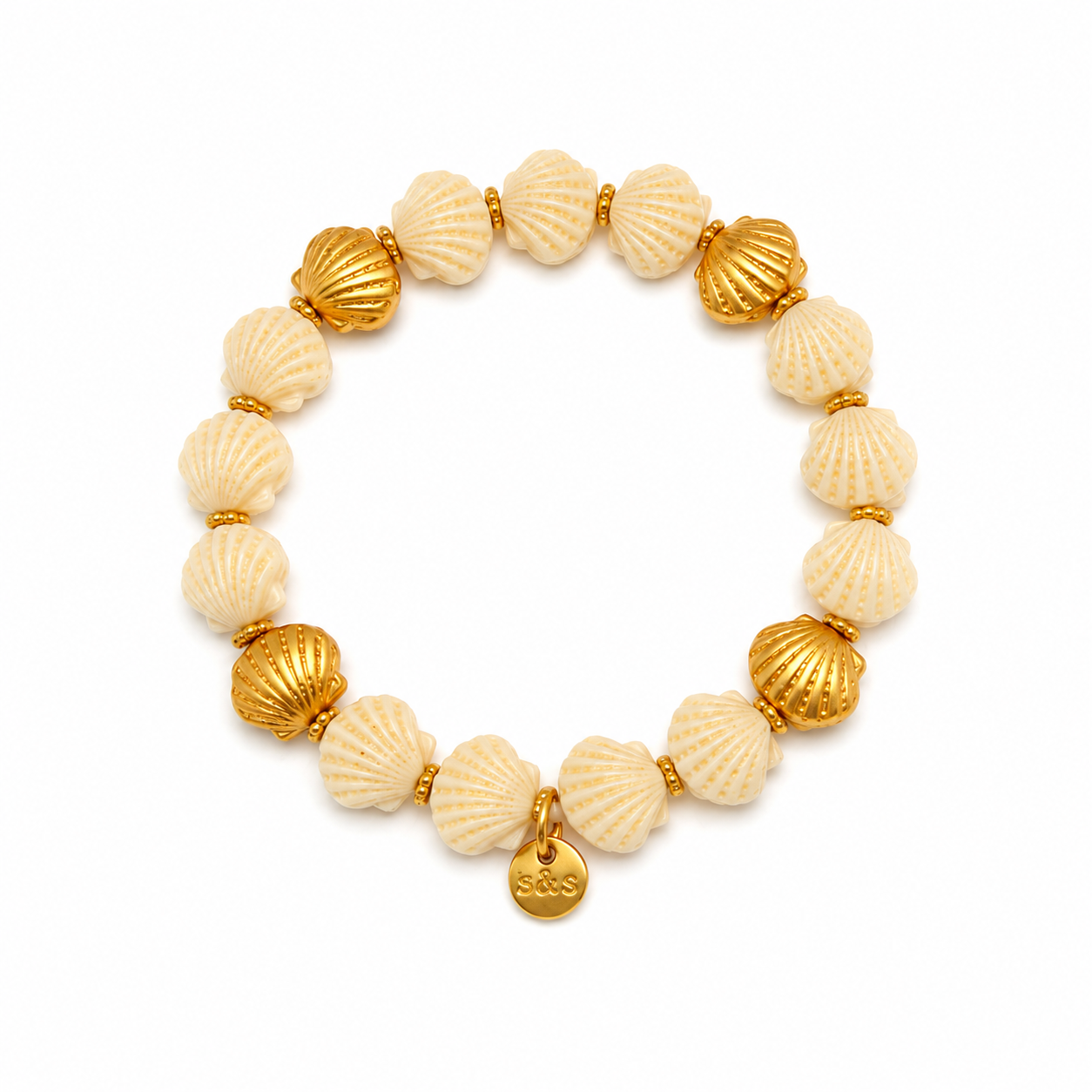 Armband elastisch kleine Muscheln in Gold Creme oder Orange Gold