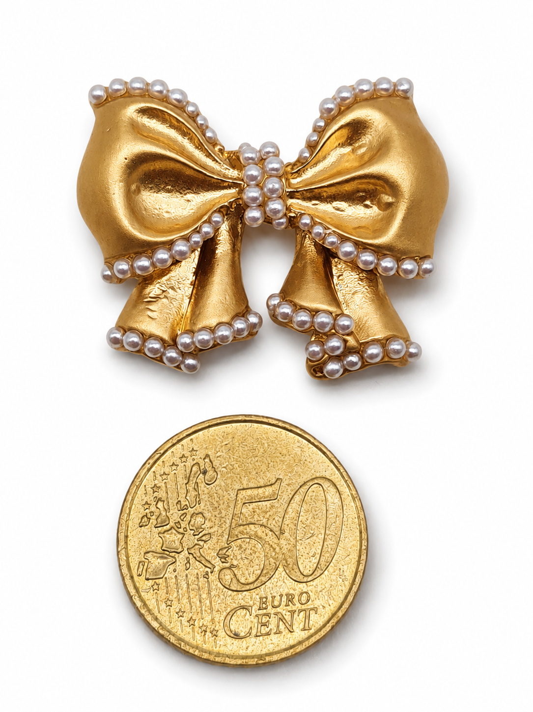 Brosche Schleife Goldfarben Perlen Strass Verbunden Romantisch