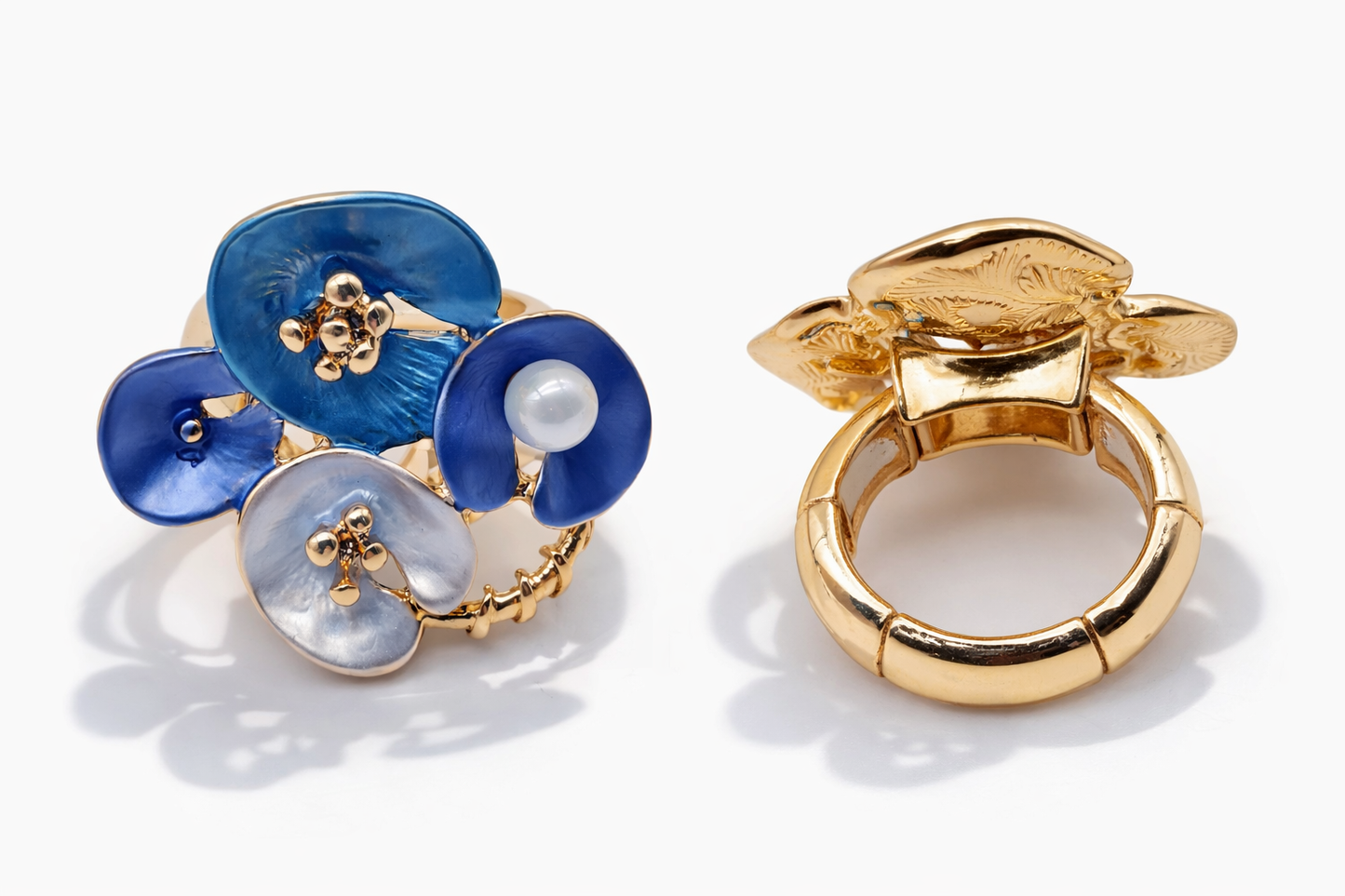 Ring Elastischer Ring Emailliertem Volant Lotusblätter Blau Braun Amorino