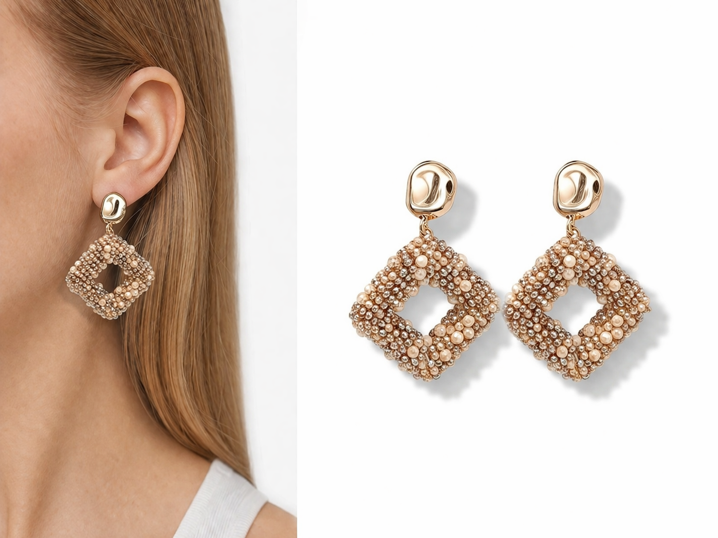 Ohrhänger Ohrringe Goldfarben Raute Beige Crystal Statement Nickelfrei Wauw