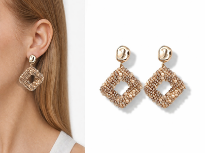 Ohrhänger Ohrringe Goldfarben Raute Beige Crystal Statement Nickelfrei Wauw