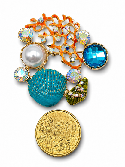 Brosche Muscheln Orange Grün Braun Sonne Strand Urlaub Modeschmuck