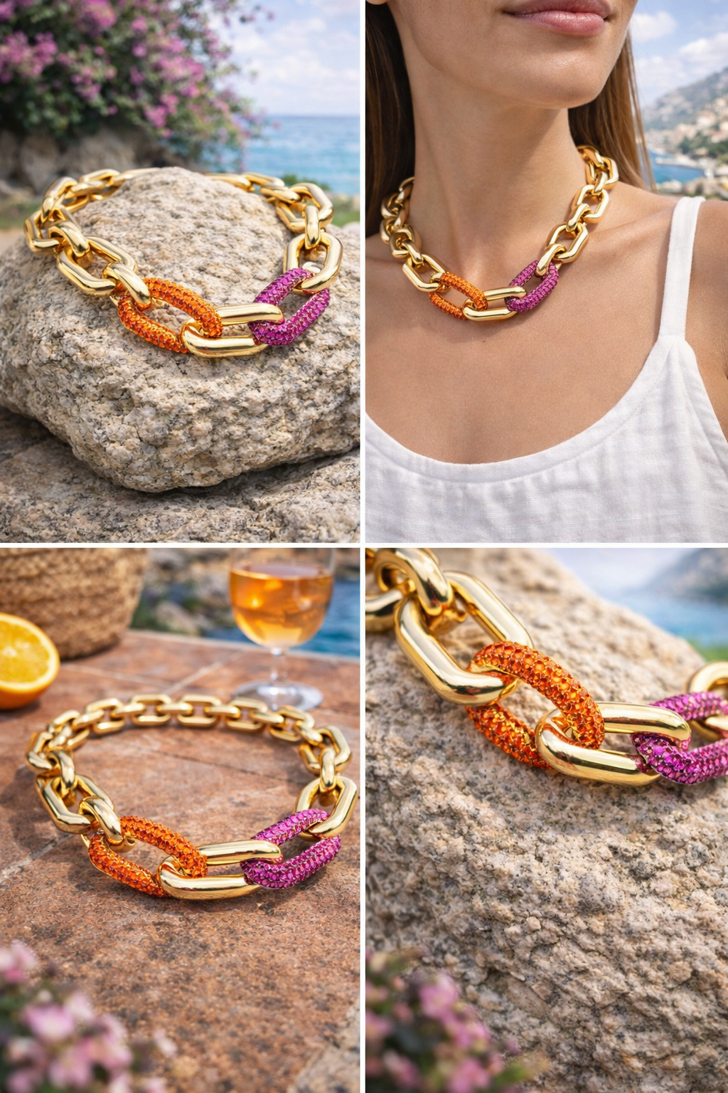 Halskette nickelfrei Gliederkette Goldfarben Glans Strass Rosa Orange Modeschmuck Biba