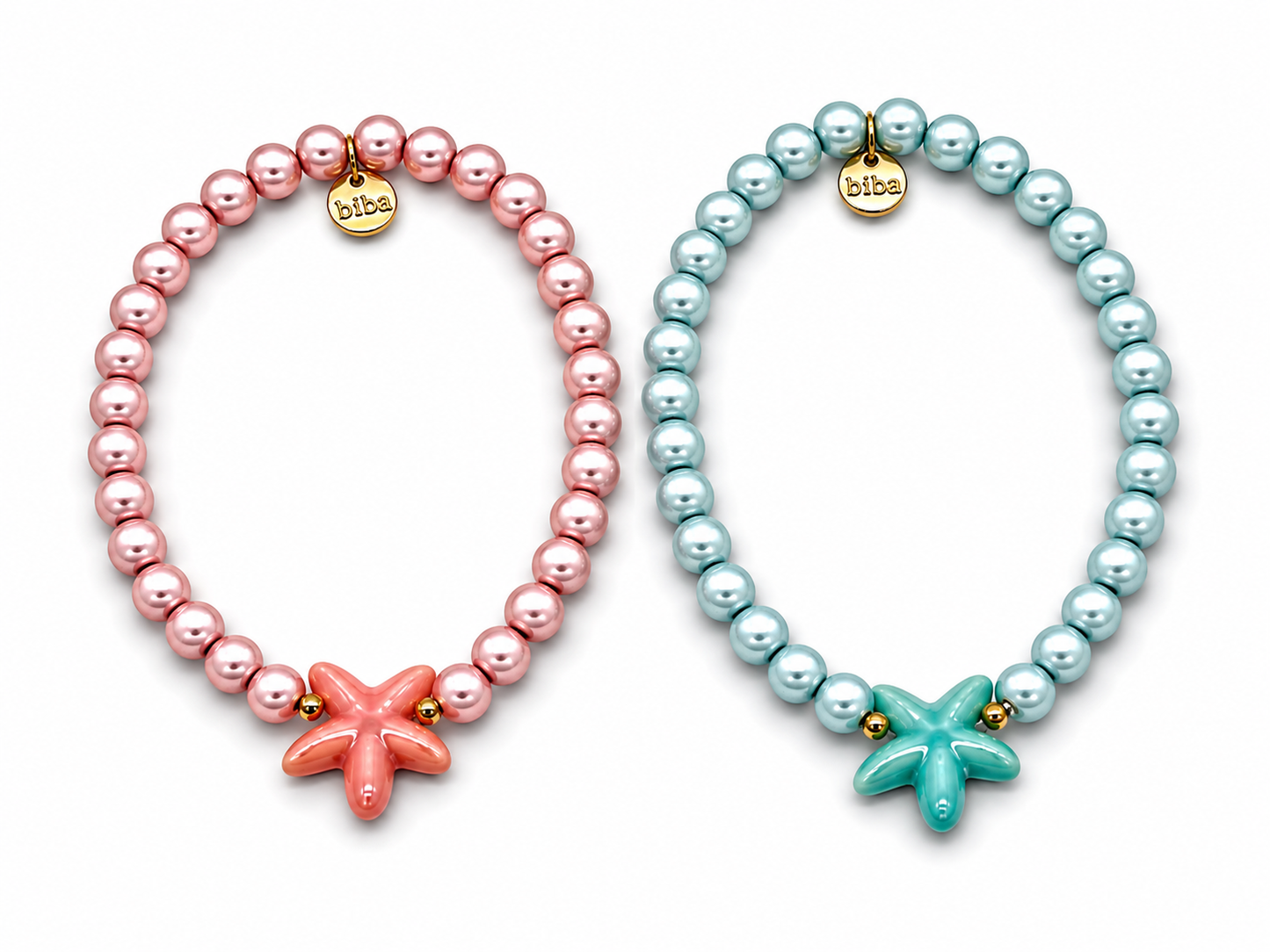 Armband elastisch space beads mit Seestern Türkis oder Rosa Biba