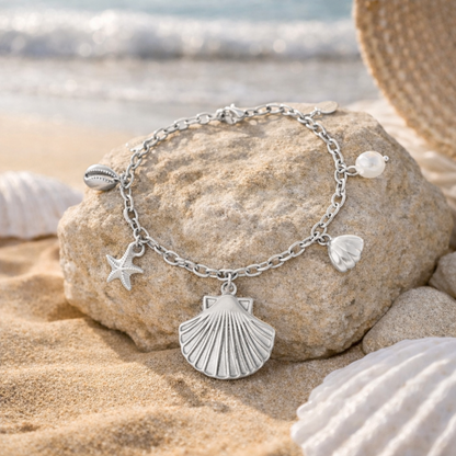 Armband Bettelarmband Muschel Seestern Süßwasserperle Silberfarben Nickelfrei Yehwang