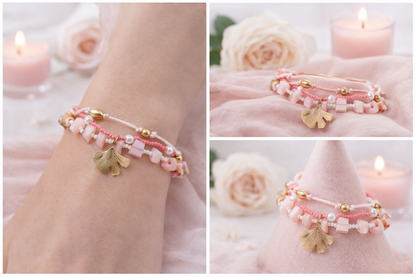 Armband Bunt Rosa Pink Ginkgo Blatt Goldfarben Nickelfrei romantisch Trend Cosmos