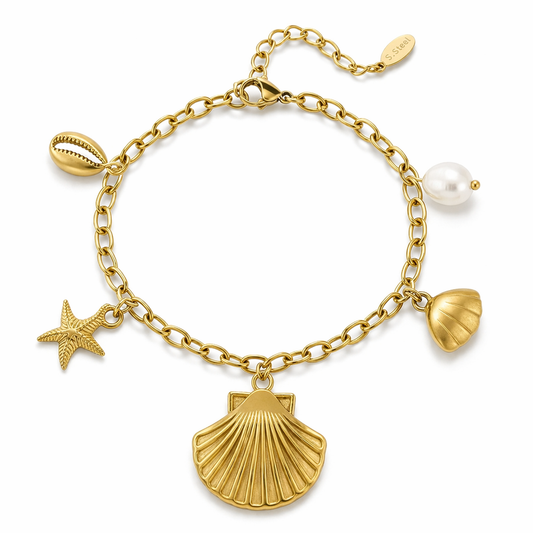Armband Bettelarmband Muschel Seestern Süßwasserperle Goldfarben Nickelfrei Yehwang