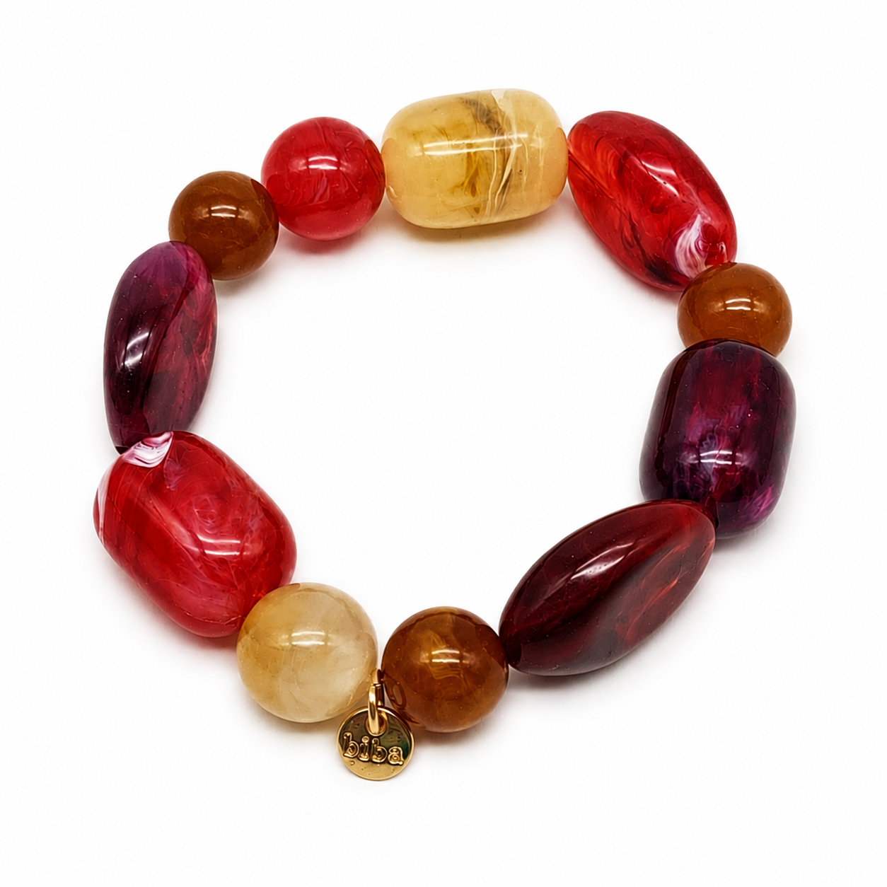 Armband elastisch Acryl Lila Rot Beige Perlen