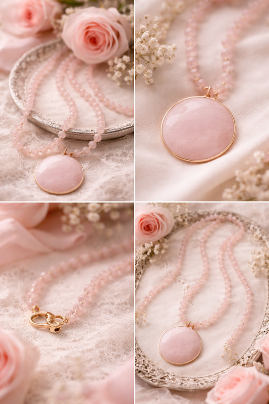 Halskette Langkette Rosa Aprikot Naturstein Medaillon Nickelfrei Romantisch BIba