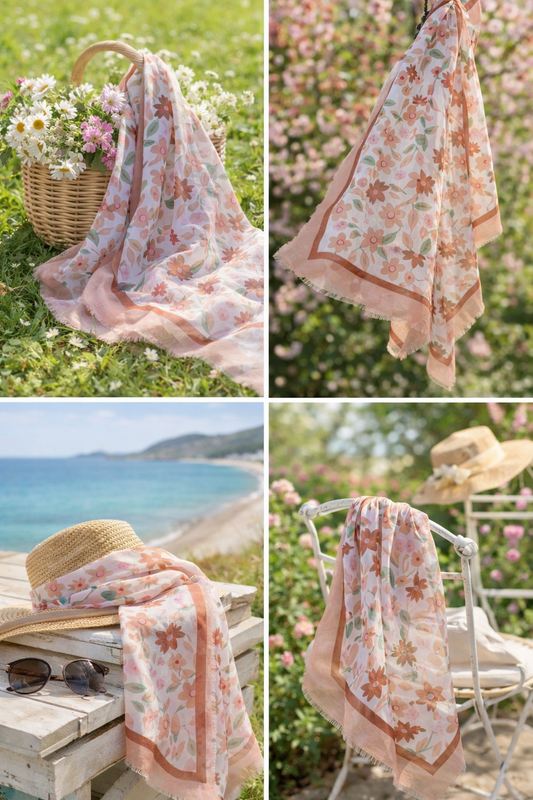 Yehwang großer Blumenschal kombinierbar Blumen beige rosa schal Tuch